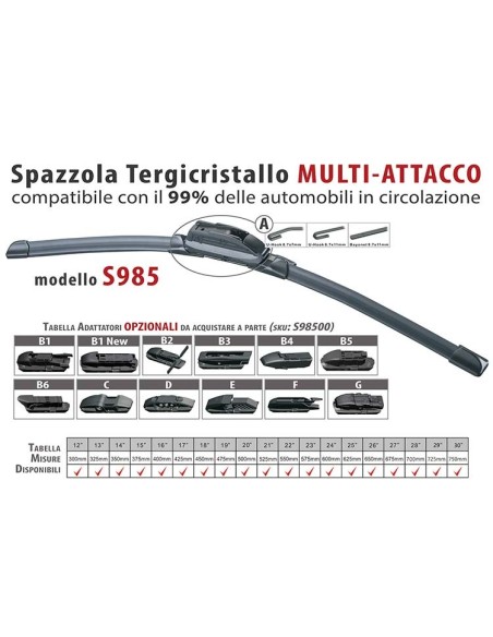 Spazzola Tergicristallo Auto Universale S985 26'' 650mm Carall 16 Attacchi Opzionale