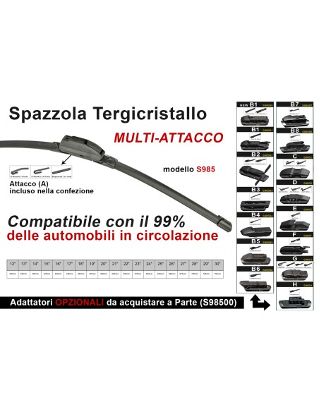 Spazzola Tergicristallo Auto Universale S985 20'' 500mm Carall 16 Attacchi Opzionale