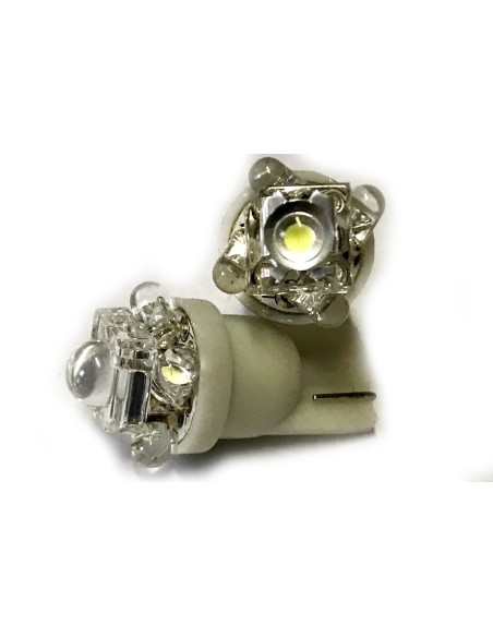 Coppia 2 Lampade Led T10 Con 1 Led F5 Flux + 4 Led F3 Colore Bianco Freddo 6000K 12V 0,2W