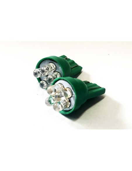 Coppia 2 Lampade Led T10 Con 4 Led F3 Colore Verde Green 12V 0,2W