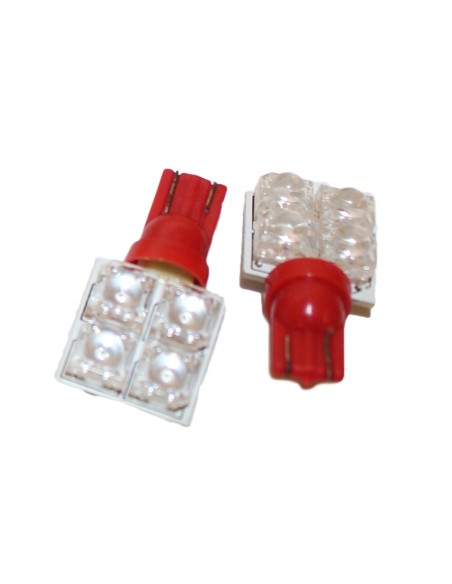 Coppia 2 Lampade Led T10 Con 4 Led F5 Flux Laterale Colore Rosso Red 12V 0,2W