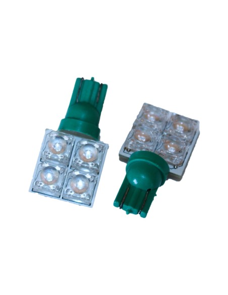 Coppia 2 Lampade Led T10 Con 4 Led F5 Flux Laterale Colore Verde Green 12V 0,2W