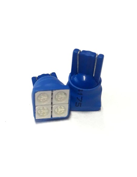 Coppia 2 Lampade Led T10 Con 4 Smd 5050 Frontale Colore Blue Blu 12V 0,5W