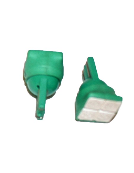 Coppia 2 Lampade Led T10 Con 4 Smd 5050 Frontale Colore Verde Green 12V 0,5W