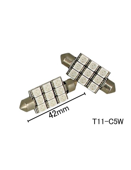 Coppia 2 Lampade Led T11 C5W Siluro 40mm Con 9 Smd 5050 Colore Blu Blue 12V 2W