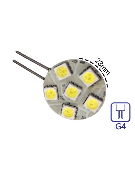 Coppia 2 Lampade Led G4 Con 6 Smd 5050 Colore Bianco Freddo 6000K 12V 1W Diametro 23mm