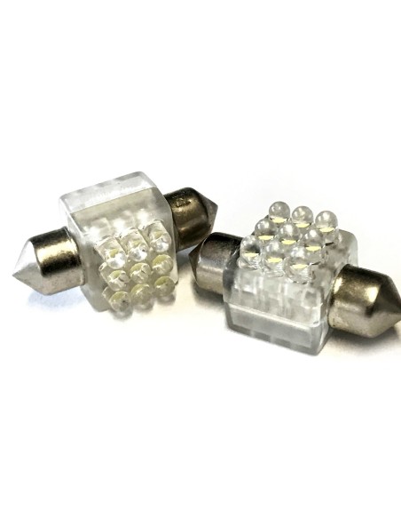 Coppia 2 Lampade Led T11 C5W Siluro 32mm Quadrato Con 9 Led F3 Colore Bianco Freddo 6000K 12V 0,2W