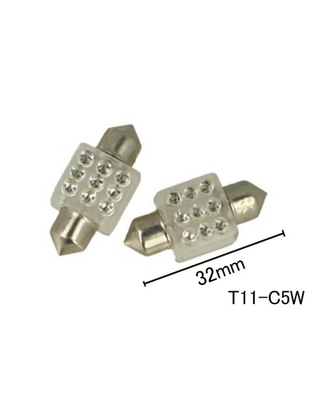 Coppia 2 Lampade Led T11 C5W Siluro 32mm Quadrato Con 9 Led F3 Colore Giallo Yellow 12V 0,2W