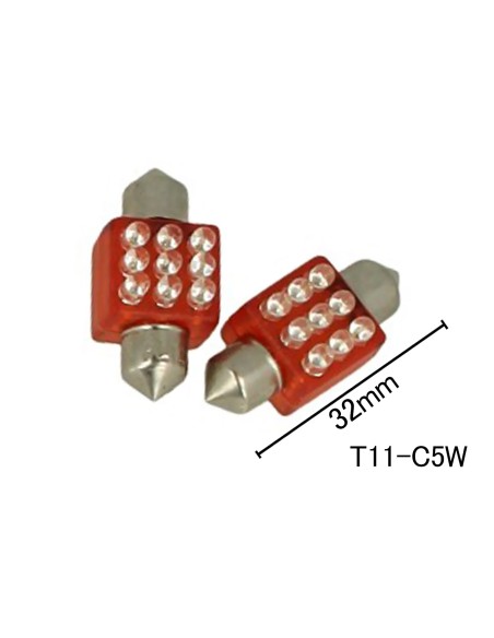Coppia 2 Lampade Led T11 C5W Siluro 32mm Quadrato Con 9 Led F3 Colore Rosso 12V 0,2W