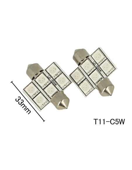 Coppia 2 Lampade Led T11 C5W Siluro 33mm Con 6 Smd 5050 Colore Rosso 12V 1W