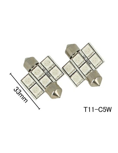 Coppia 2 Lampade Led T11 C5W Siluro 33mm Con 6 Smd 5050 Colore Verde 12V 1W