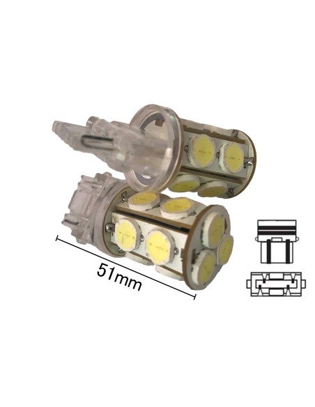 Coppia 2 Lampade Led T25 3157 P27/7W Con 13 Smd 9080 Bianco Freddo 6000K 12V 6W