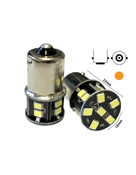 24V Lampada Led BA15S G18 R5W Colore Arancione 16 Smd 2835 Piedi Dritti Luce Frecce No Polarita 360 Gradi Durata Garantita