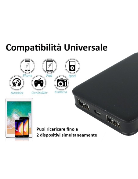 Portable Power Bank 5000mAh Colore Nero Batteria Litio Esterna Portatile Con 2 USB 5V 2,1A SKU-8193