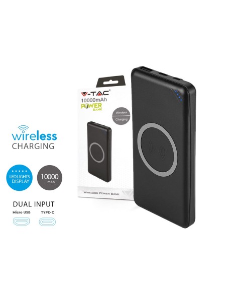 Portable Power Bank 10000 mAh Slim con Ricarica Wireless e USB Colore Nero SKU-8909