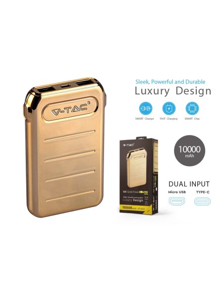 Portable Power Bank Gold 10000 Mah Dual USB Output e Input Micro USB e Tipo C SKU-8907