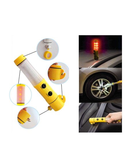 Martello di Emergenza Auto 5 In 1 Rompivetro Tagliacintura Torcia Led Luce Emergenza Lampeggiante Base Magnetico