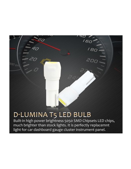 10 Lampadine Led T5 12V W1,2W Colore Bianco Con 1 Smd 5050 Luci Cruscotto Auto e Moto