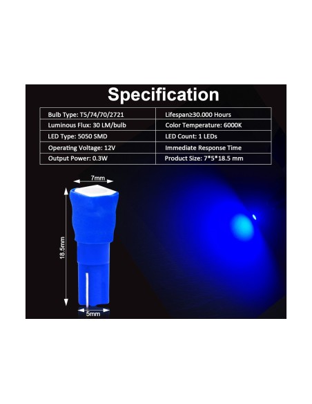 10 Lampadine Led T5 12V W1,2W Colore Blu Con 1 Smd 5050 Luci Cruscotto Auto e Moto