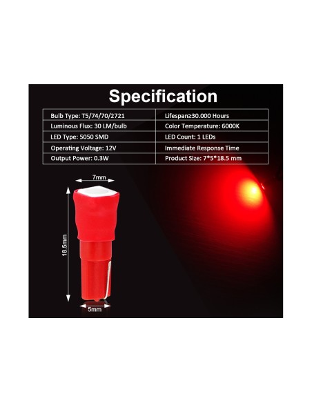 10 Lampadine Led T5 12V W1,2W Colore Rosso Con 1 Smd 5050 Luci Cruscotto Auto e Moto