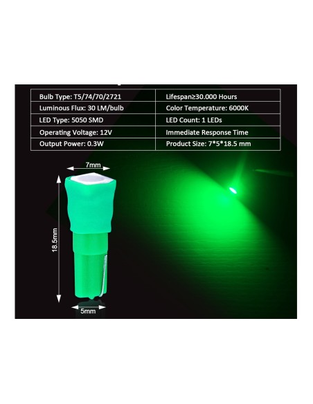10 Lampadine Led T5 12V W1,2W Colore Verde Con 1 Smd 5050 Luci Cruscotto Auto e Moto
