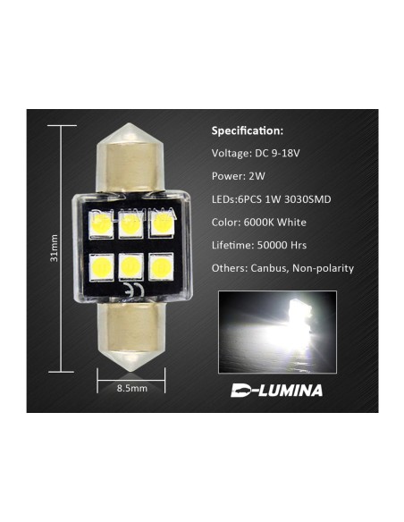 4 Lampada Led T11 Canbus 31mm 12V 2W Effettivo Con 6 Smd 3030 Bianco 6000K No Polarita