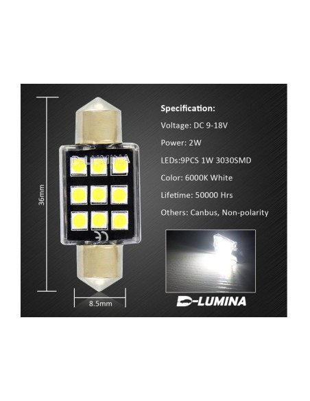 4 Lampada Led T11 Canbus 36mm 12V 2W Effettivo Con 6 Smd 3030 Bianco 6000K No Polarita