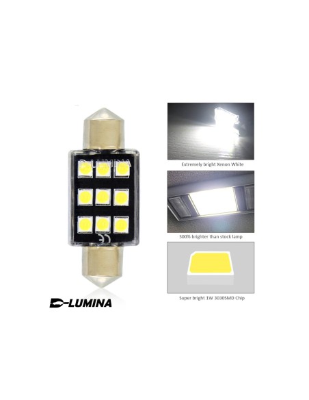 4 Lampada Led T11 Canbus 41mm 12V 2W Effettivo Con 6 Smd 3030 Bianco 6000K No Polarita