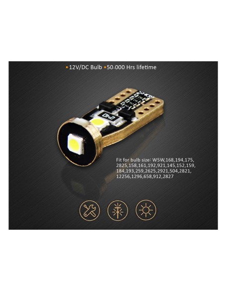 10 Lampada Led T10 W5W Canbus 12V 3 SMD 3030 Bianco Freddo 6000K + Leva Rimozione Antigraffio