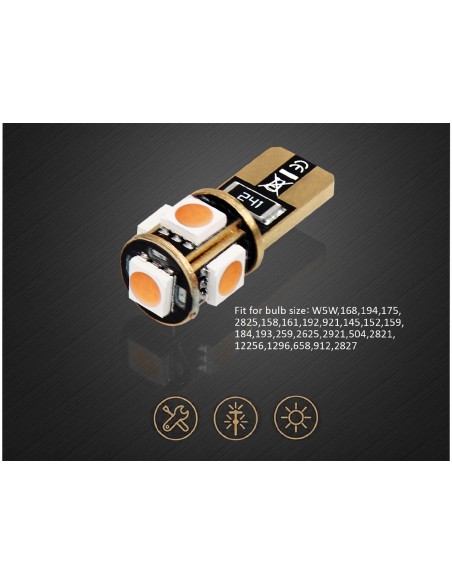 10 Lampada Led T10 W5W Canbus 12V 5 SMD 5050 Ambra + Leva Rimozione Antigraffio