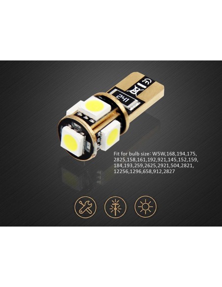 10 Lampada Led T10 W5W Canbus 12V 5 SMD 5050 Bianco Freddo 6000K + Leva Rimozione Antigraffio