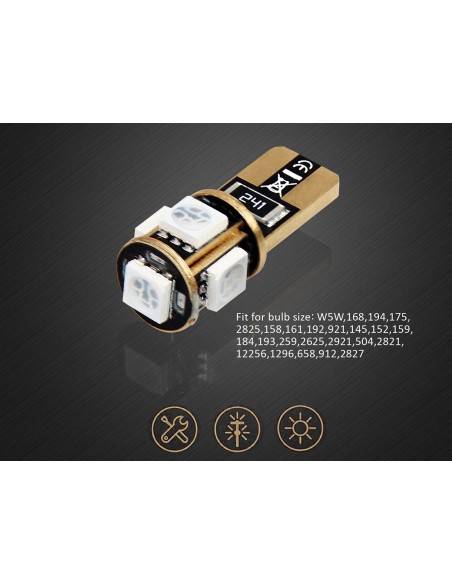 10 Lampada Led T10 W5W Canbus 12V 5 SMD 5050 Rosso + Leva Rimozione Antigraffio