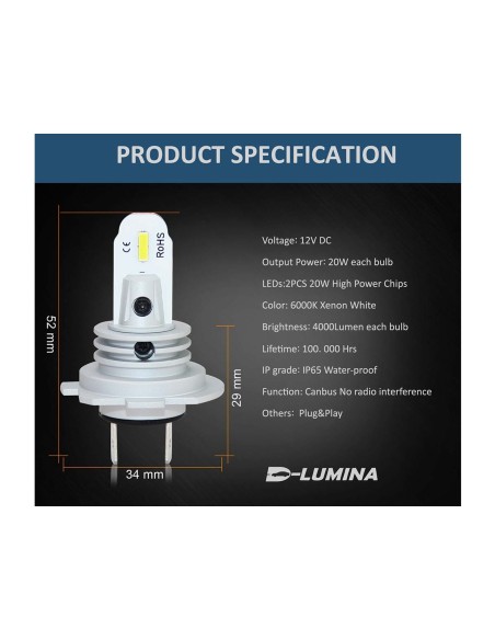 Lampada Led H7 12V 20W Fendinebbia IP65 Bianco 6000K 2000LM 360 Gradi Canbus Slim