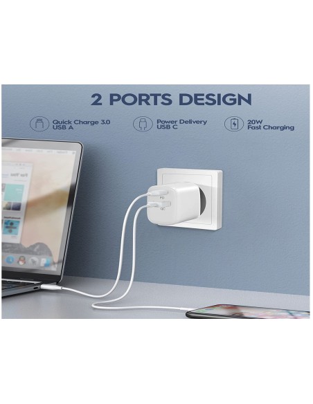 Caricatore USB C PD USB-A QC3.0 18W Caricabatterie 2 In 1 Ricarica Veloce 5V 3A 9V 2A 12V 1,5A