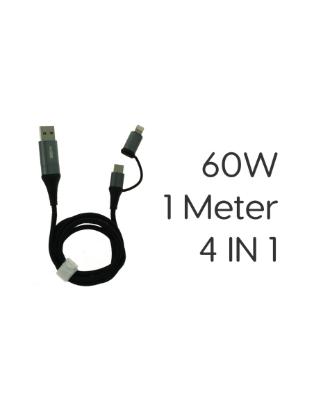 Cavo USB 4 In 1 USB-A USB-C Lightning Nylon Intrecciato 1 Metro Ricarica Veloce Massimo 60W