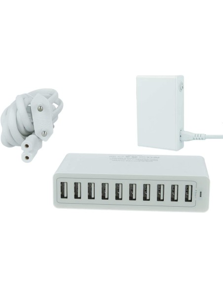 Alimentatore Caricabatterie USB da Muro 5V 10A 50W 10 Uscite Porte Smart Ricarica Intelligente Colore Bianco Con Cavo 1,6M