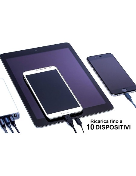 Alimentatore Caricabatterie USB da Muro 5V 10A 50W 10 Uscite Porte Smart Ricarica Intelligente Colore Bianco Con Cavo 1,6M