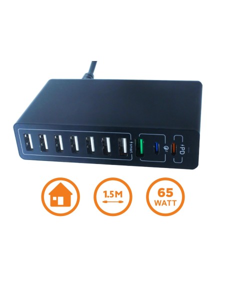 Alimentatore Caricabatterie USB da Muro 65W 2 USB Type C PD 1 USB QC3,0 7 USB Smart