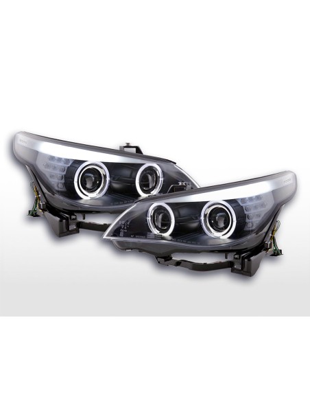 Set fari Xenon Angel Eyes LED BMW Serie 5 E60 / E61 03-04 nero per guida a destra