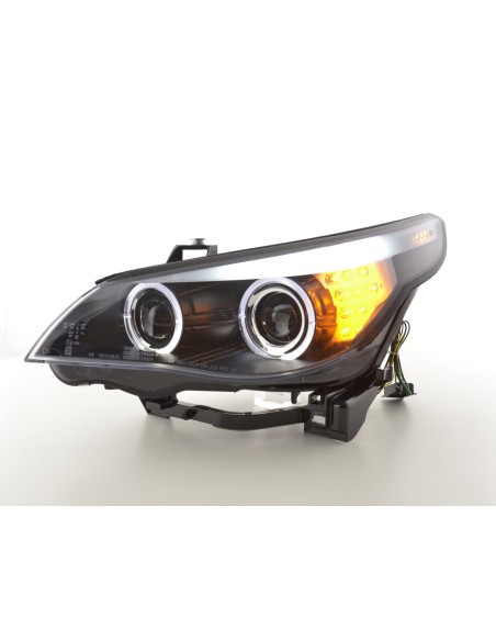 Set fari Xenon Angel Eyes LED BMW Serie 5 E60 / E61 03-04 nero per guida a destra