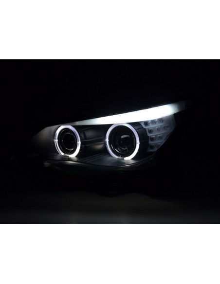 Set fari Xenon Angel Eyes LED BMW Serie 5 E60 / E61 03-04 nero per guida a destra