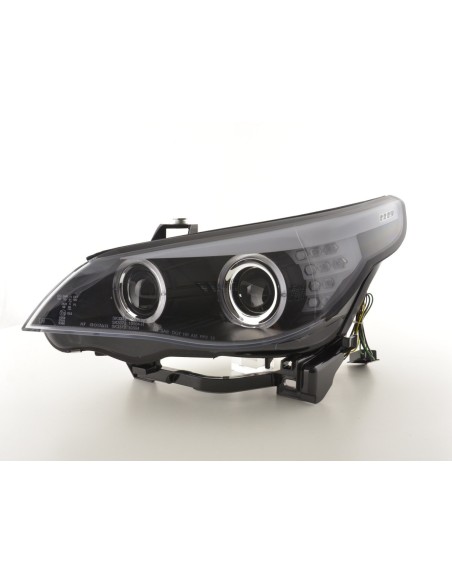 Set fari Xenon Angel Eyes LED BMW Serie 5 E60 / E61 03-04 nero per guida a destra