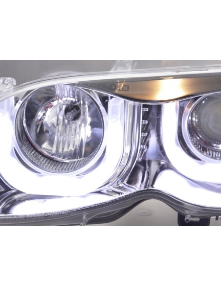 Set fari Angel Eyes BMW Serie 3 E46 Limo / Touring 02-05 cromato per guida a destra