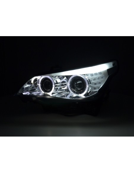 Set fari allo xeno Angel Eyes LED BMW Serie 5 E60 / E61 05-08 cromato per guida a destra