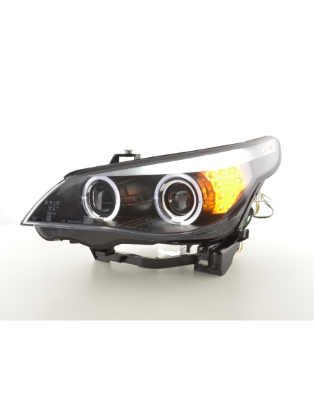 Set fari Xenon Angel Eyes LED BMW Serie 5 E60 / E61 05-08 nero per guida a destra