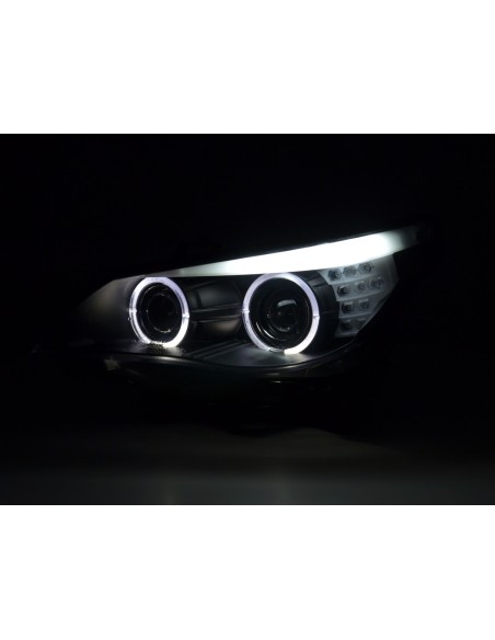Set fari Xenon Angel Eyes LED BMW Serie 5 E60 / E61 05-08 nero per guida a destra