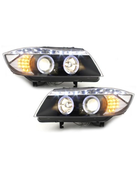 Fari DAYLINE per BMW E90 E91 05+ 2 Halo Cerchi DRL Optic LED Nero