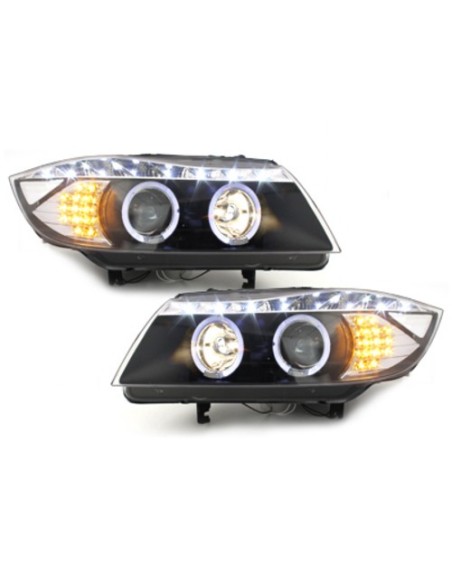 Fari DAYLINE per BMW E90 E91 05+ 2 Halo Cerchi DRL Optic LED Nero