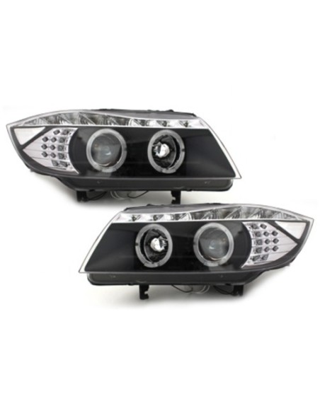 Fari DAYLINE per BMW E90 E91 05+ 2 Halo Cerchi DRL Optic LED Nero