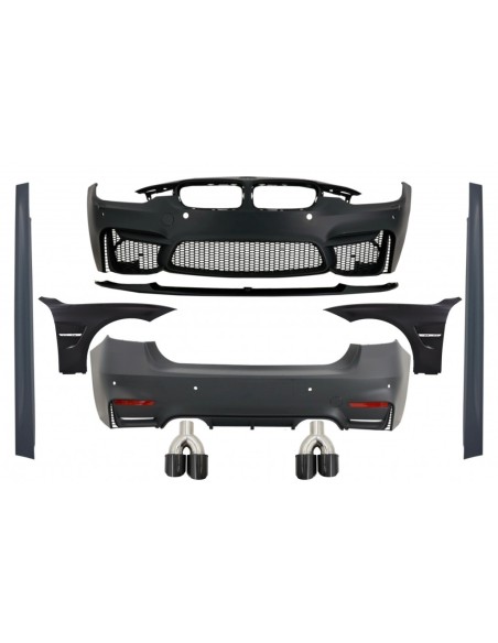 Corredo completo per BMW 3 serie F30 (11-19) con doppie punte Cromate e parafanghi anteriori neri e cofano